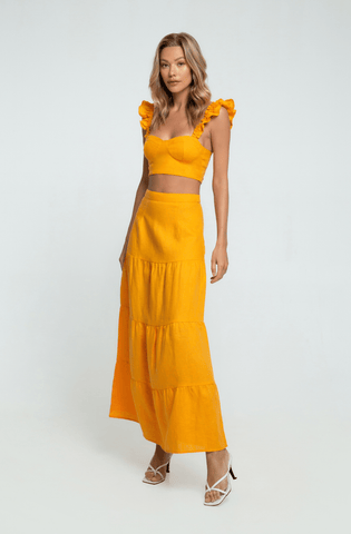 Orange Linen Maxi Skirt with Multiple Tiers ethically made with 100% premium linen